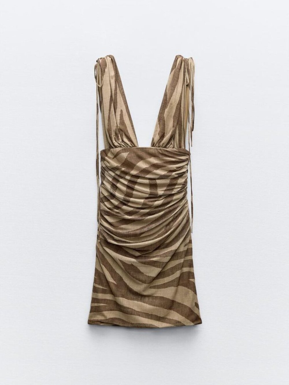New Zara Zebra Printed Tulle Plunging Neckline Wide Straps Draped Fabric Dress - Picture 10 of 13
